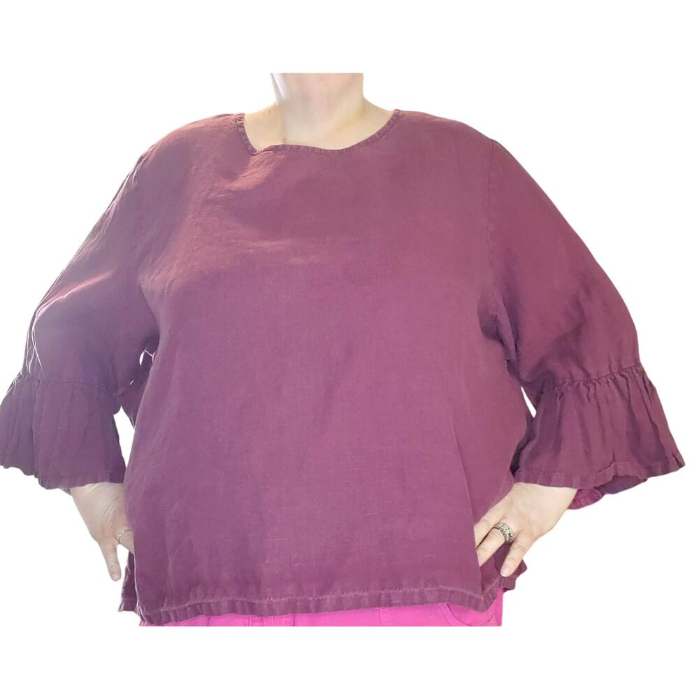 Bryn Walker Fran Top 3X Aubergine 100% Linen Bell Sleeve Artisan Blouse